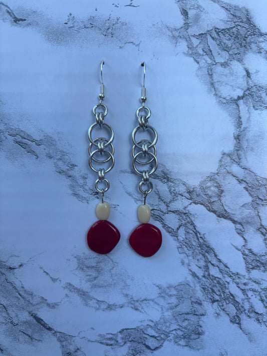 Helm Earrings - Red & White Beads